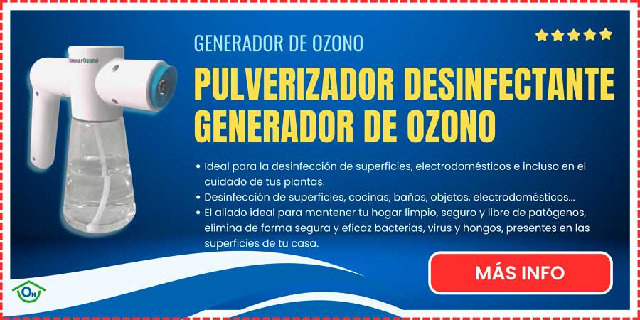 Pulverizador Desinfectante Generador de Ozono genera agua ozonizada para la desinfección de superficies electrodomésticos, cuidado de plantas y otras muchas aplicaciones que tiene el agua ozonizada